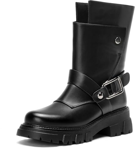 CouieCuies Half-boots Women Biker Boots Black Ankle Boot Lug Sole Motor Riding Boot Comfortable Chunky Thick Sole Buckle Zipper 9.5