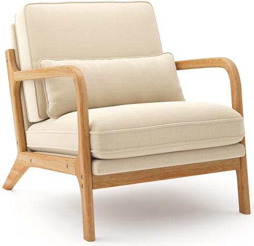 Blishom Lounge-Sessel, Lounge-Stuhl mit Armlehnen&Holzrahmen, Moderner Polstersessel für Wohnzimmer, Schlafzimmer, Leseecke, Büro (82 x 65 x 75 cm, Beige)