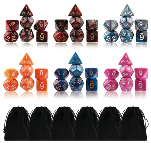 42 Stück Polyedrische Würfel Set, 6 Farben 16mm Acryl Würfel mit 6 Beuteln | Würfel Set 7 Formen (D4 D6 D8 D10 D12 D20) und 6 Beuteln für Fantasy-Rollenspiele D&D/RPG/MTG Tischspiele, Brettspiel