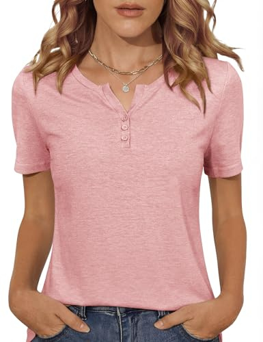 Totatuit T-shirt Femme d’Été Manches Courtes Unicolore Col V Haut | Boutons, Style Élégant, Tenue Quotidienne, Facile à Associer, Style Polyvalent