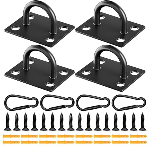 BOZILY 4 PCS Heavy Duty Black Eye Plate Hooks with 4 Carabiners & 16 Screws + 16 Rubber Plugs, Waterproof Rust-Proof Ceiling Hooks, Easy Install for Hanging Basket Planters, Ceiling Fan, Shade Sail