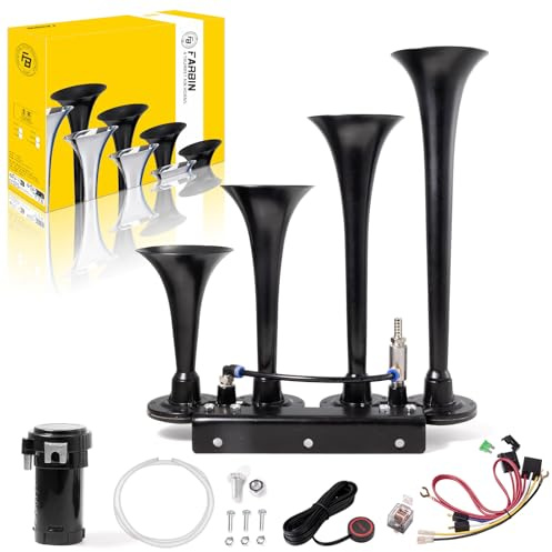 FARBIN LKW Luft Hupe 150dB Zug hupe 12V 4 Trompete Auto hupen für LKW Super Laute Luft Horn mit Kompressor für Fahrzeug Auto Pickup Jeep SUV Boot