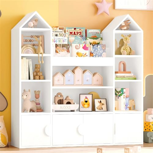 IRONCK Kids Toy Storage Unit Childrens Bookcase, 4 Doors & 10 Open Shelves | Toy Organiser Kids Bookshelf with Castle Top, Sliding Book Shelves for Nursery Playroom,123.5x33x127cm (White)
