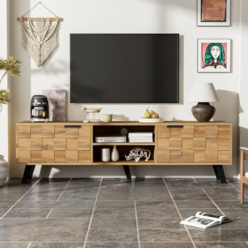 Quiaviank 160cm TV Stand Cabinet for 65 Inch TVs with 2 Doors and 2 Open Shelves, Wooden Entertainment Centre for Living Room Furniture, TV Unit with Wood Grain Design