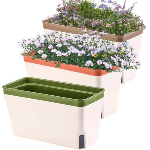 3PCS Self Watering Plant Pots, 27CM Windowsill Herb Planter Box with Visual Water Level Window and Drainage Hole Hidden, Garden Flower Bonsai Pots for Indoor Outdoor Garden Office Patio Balcony