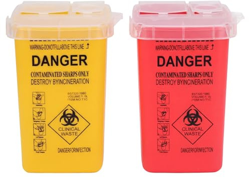 2 PCS Sharps Bin, 1L Small Sharps Container – Puncture-Proof Needle Disposal Box with Secure Locking Lid, Portable Travel Sharps Bin for Needles, Medical Waste,Tattoo Supplies,Home Use (Red & Yellow)