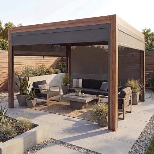 Pérgola HWC-L46 Mendler con pared lateral, cenador enrollable de lamas, estructura de aluminio de 10 cm, resistente a tormentas 3 x 4 m - Estructura con aspecto de madera, color gris antracita