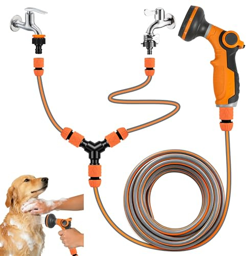 14pc Outdoor Dog Shower Hose Kit, 3M Kink-Resistant Hose, 8 Modes Sprayer | 2 in 1 Hot & Cold Tap Connector, Hose Connector, Quick-Connects Y-Splitter Garden Sprayer Hose Pipe for Muddy Paws Pet Wash