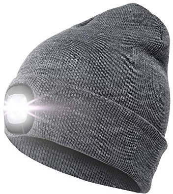enjoydeal USB Rechargeable Beanie Hat Lighted Knit Hat Hands Free 4 LED Beanie Cap for Camping Grilling Running Walking Grey