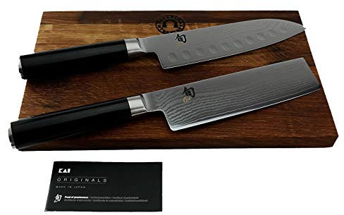 KAI Shun Premier Messerset/Geschenkset | ultrascharfes Santoku DM-0718 (mit Kullenschliff) | + Nakiri-Messer DM-0728 | + Schneidebrett aus Fassholz, 30x18 cm | VK: 428,- €