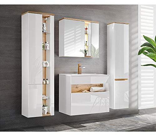 Lomadox Badezimmermöbel Badmöbel Set, 80cm Unterschrank mit Keramik Waschbecken, Hochglanz weiß mit Wotaneiche, 2 Hochschränke und LED-Spiegelschrank