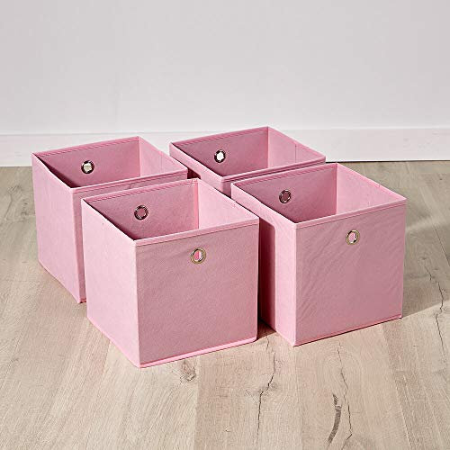 Home Source Cube Storage Boxes, Collapsible Fabric Storage Baskets, Foldable Canvas Organising Boxes, 4 Piece, Pink