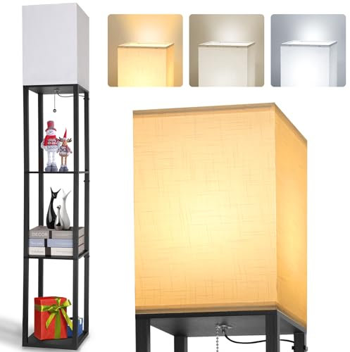 LED Stehleuchte aus Holz, 1.6m Stehlampe mit E27 Birne (3000K-5000K), Retro Standlampe mit 3 Holzregale, 3 Farbtemperaturen Nachttischlampe mit Lampenschirme für Schlafzimmer Ecke Wohnzimmer Büro