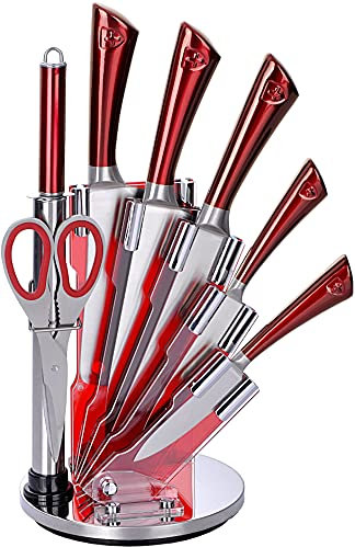 ROYALTY LINE, RLKSS804, Juego de Cuchillos de Cocina de Acero Inoxidable de 8 Piezas con Tijeras, Organizador y Silla - Elegante Diseño Plateado - Dimensiones 15 x 15 x 35 cm