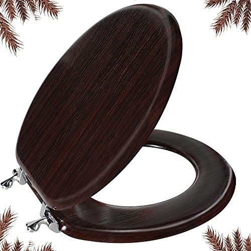 Round Toilet Seat Molded Wood Toilet Seat with Zinc Alloy Hinges, Easy to Install also Easy to Clean, Anti-pinch Wooden Toilet Seat by Angol Shiold (Round, Dark Brown)
