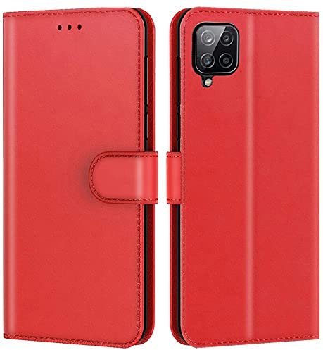 New&Teck Coque pour Samsung Galaxy A12, Housse Etui Portefeuille Cuir Multifonction, Fermeture Magnétique à Clapet Anti-Choc (Rouge)