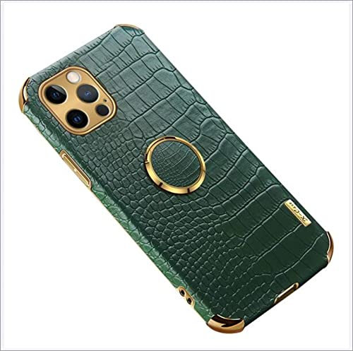ROMDS Genuine Leather Case for Iphone 14/14 Plus/14 Pro/14 Pro Max Crocodile Pattern Full Coverage Bumper with 360° Rotatable Ring Holder Magnetic Kickstand Case,Green,for 14 Plus