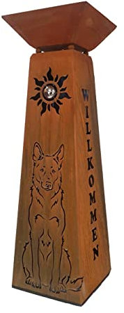 Dekosäule Edelrost inkl. Schale Motiv Schäferhund + Willkommen Höhe ca. 115cm Pflanzsäule Edelrost Dekosäule Rostsäule (beleuchtbar)