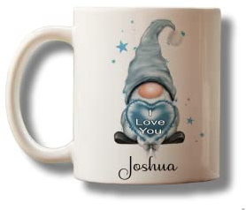 Personalised I Love You Mug with Blue Gnome Gonk and your name perfect Valentine birthday Christmas present gift blue grey