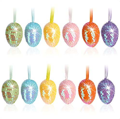 com-four® 12x Osterei mit funkelnden Pailletten - Pailletteneier für den Osterstrauch oder als Raumdekoration - Handbeklebte Eier zur Osterdekoration (12 Stück - 6 cm Mix)