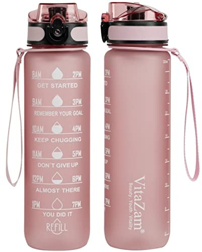 VitaZam New 1 Litre Water Bottle, Motivational Water Bottle with Time Markings, BPA Free, Leak Proof Lock Cover and Bottle Brush, Bottle for Gym, School/Office, Sports and Outdoor