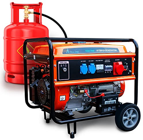 Grupo Electrógeno Híbrido, 7kW 3F, Potencia máx. 7500W, Capacidad del depósito 25L, funcionamiento hasta 11 horas, Protección contra averías/sobrecargas, Generador electrico gasolina/generador a gas
