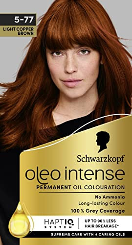 Schwarzkopf Oleo Intense Permanente Ölfarbe 5-77 Hellkupferbraun, Haarfarbe 100% Grauabdeckung, Conditioner mit HaptIQ System, langanhaltende Farbe, Ammoniakfrei