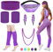 YOUYIKE 90er 80er Jahre Outfit Damen Lila Set, Gürteltasche, Neon Stirnband, Ohrring, Halskette, Handschuhe, 80er jahre accessoires Neon Thema Party 80er Jahre Karneval Kostüm Damen Frauen Mädchen