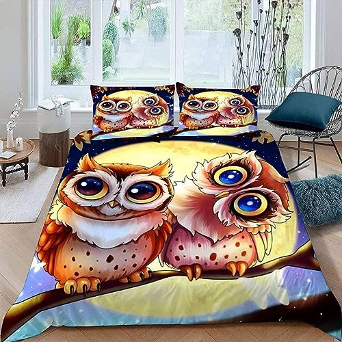 Cartoon-Eule Kinderbettwäsche Jungen Mädchen 135x200 Kawaii-Tiere Bettbezug mit Reißverschluss 3D Weich Mikrofaser Bettwäsche-Sets Zimmer Dekor Bettbezüge mit 2 Kissenbezüge 80x80