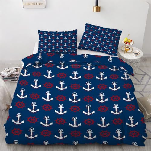ROUSKI Bettwäsche Anker 135x200 cm 2teilig 100% Mikrofaser Kinderbettwäsche Ozean Maritim Wendebettwäsche mit Reißverschluss 3D Motiv Zimmer Dekor Bettwäsche-Sets mit Kissenbezüge 80x80