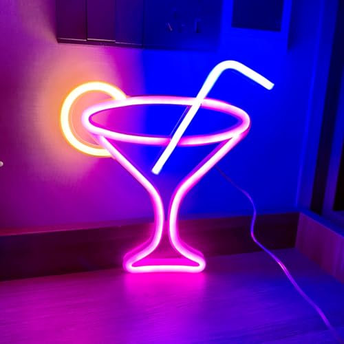 Lampe LED néon rose pour verre à vin – Lampe de nuit alimentée par piles et USB pour décoration murale, lampe de cocktail pour club, restaurant, magasin