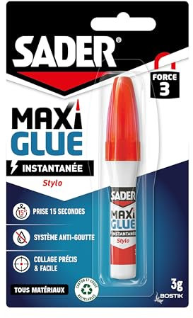 Sader Maxiglue Stylo – Super Glue Universelle – Tous Matériaux – Colle de Réparation à Prise Rapide – Colle Extra Forte –Transparente – Flacon de 3 g