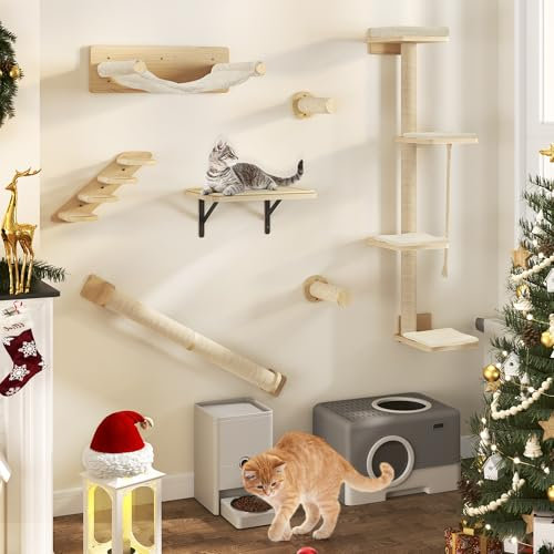 YITAHOME 7PCS Estante de Escalada para Gatos Montado en La Pared con 3 Postes Rascadores/Escaleras de 4 Escalones/Hamaca/Cama para Gatos, Árbol para Gatos Montado en La Pared con 4 Plataformas
