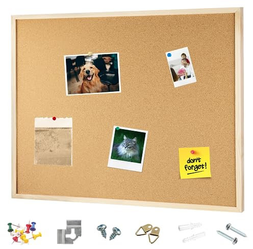 OWLKELA Classic Wooden Frame Cork Notice Pin Board - 120x90cm with 10 Pushpins and Hanging Rings for Office, Classroom or Home