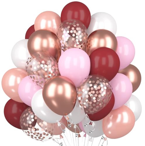 60 Stück Luftballons Weinrot Rosegold, Burgund Rot Rosegold Rosa Weiß Latex Luftballon, Dunkelrot Rosegold Konfetti Helium Ballons für Mädchen Frauen Geburtstag Hochzeit Baby Shower Deko