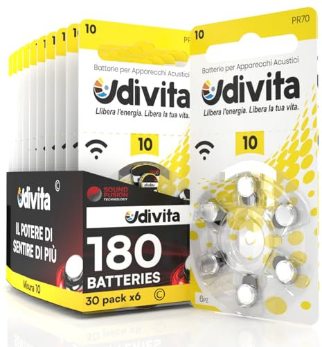 180 Batterie Per Apparecchi Acustici Udivita Misura 10 - Pile Zinco Aria con Tecnologia Phono Pulse Prive di Mercurio - 30 Blister da 6 Pile