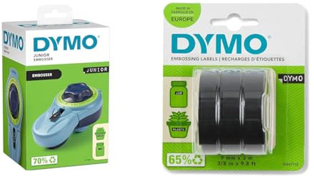 DYMO Junior Etikettenprägegerät & Original Prägeband | 3D weiß auf schwarz | 9 mm x 3 m | selbstklebendes Kunststoff Etikettenband | für Junior & Omega Beschriftungsgerät | 3 Prägebänder