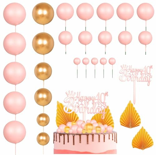 29Pcs Ball Cake Picks Pearl Mini Balloons Cupcake Insert Topper for 40th Birthday Party Wedding Decoration Supplies Pink and Gold