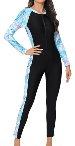SEAUR Bañador de 1 Pieza para Mujer Pantalones de Manga Larga Bañador de Buceo Rashguard Completa Traje de Baño para Surf Natación Piscina Azul 1 L