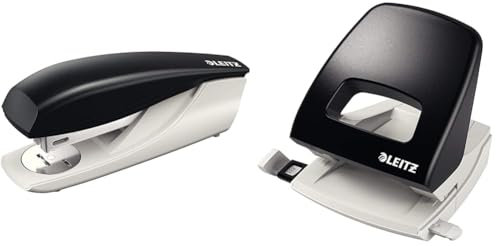Leitz NeXXt Bürotacker aus Metall, Für 30 Blatt & Büro Locher aus Metall, Für 25 Blatt, Anschlagschiene mit Formatangaben, Ergonomisches Design, schwarz, NeXXt-Serie, 50050095