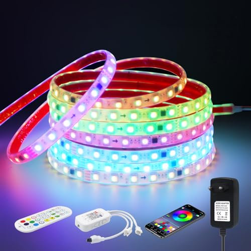 24V WS2811 5050 RGB LED Strip, Flexible IP68 Waterproof Full Colour LED Strip, Dimmable 60 LEDs/m Double-Sided Tape With Bluetooth Music 24 Key IR Controller for Home Decoration.