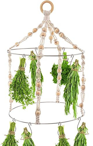 Pflanzen-Wäschetrockner - böhmischer Kräutertrockner, hängender Pflanzentrockner aus Stoff | handgefertigter Makramee-Blumentrockner mit 15 Deko-Haken zum Trocknen