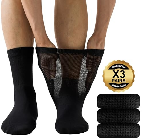 Niorasen Men's Extra Wide Diabetic Bamboo Socks, 3 Pairs Black 4-8