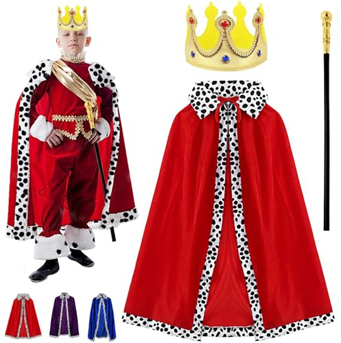 YOUYIKE 3 Stück König Kostüm, Prinz Umhang, mit 90cm Königsmantel, Krone Königin,Zepter, für Cosplay, Mottoparty, Halloween, Karneval, König und Königinnen Kostüm (Rot)