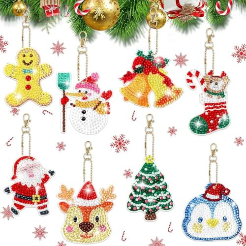 8 Pieces Christmas Diamond Painting Keychain Kits,Double-Sided DIY Xmas Diamond Painting Pendants,5D Full Drill DIY Art Craft Rhinestone Keyrings Kit for Adults and Kids,Xmas Key Pendant Decor