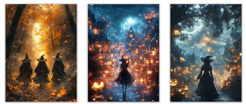 JOSUE 3 Teilig Gold, schwarz Halloween Bilder Leinwand Modern, Hexe Bild Wandbilder Wohnzimmer Schlafzimmer Wanddeko-20x30cmx3 Ungerahmt