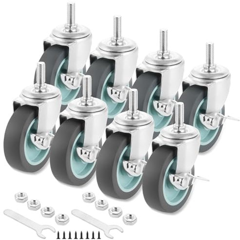 LOPYXBR 8 Stück Lenkrollen 75mm, Transportrollen mit Feststeller, Rollen für Möbel, Möbelrollen Gummirollen M10 x 25mm (Schaftdurchmesser 10mm, Schaftlänge 25mm) 8er Set Grau