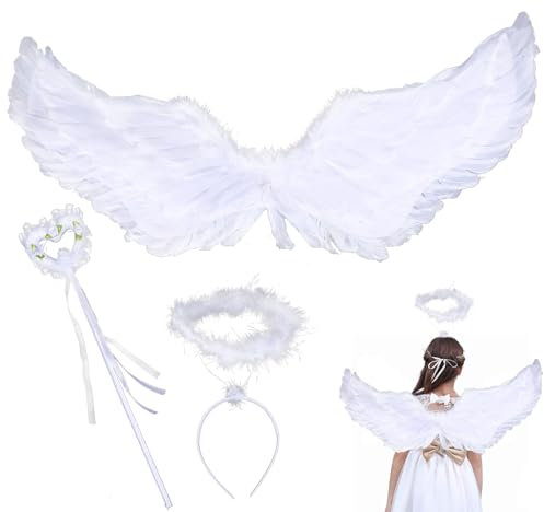 MORAINJAY Ailes d'Ange avec Auréoles,Déguisements Magiques pour Halloween,Carnaval et Fêtes Costumées,Ailes Noires avec Auréoles,Baguettes Magiques et Accessoires pour Enfants et Adultes (Ange Blanc)