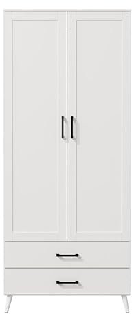URBNLIVING 180cm White Ash Grey Black Freestanding Wardrobe 2 Door 2 Drawer Shelf Modern Clothes Storage Cupboards Unit for Bedroom Hanging Rail with Wooden Legs