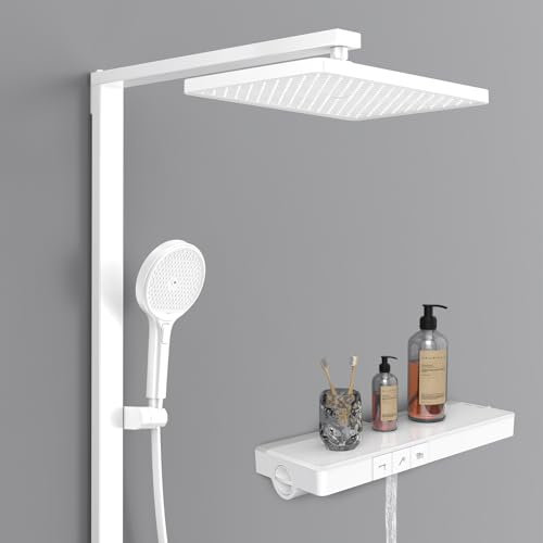 EMKE Colonne de Douche Thermostatique, Douche Manuelle 4-en-1, Barre de Douche avec Plaque Thermostatique de 40 cm, Douche Pluie Thermostatique,Blanc Mat, 1050x401x573mm, Écran Numérique